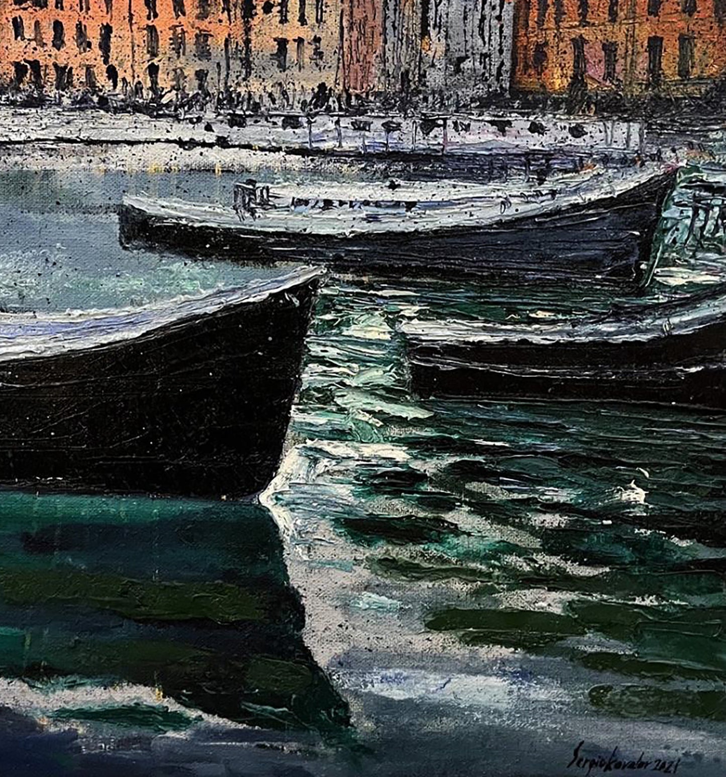 Oil painting by Serhiy Kovalev: dark boats in teal canal, impasto strokes