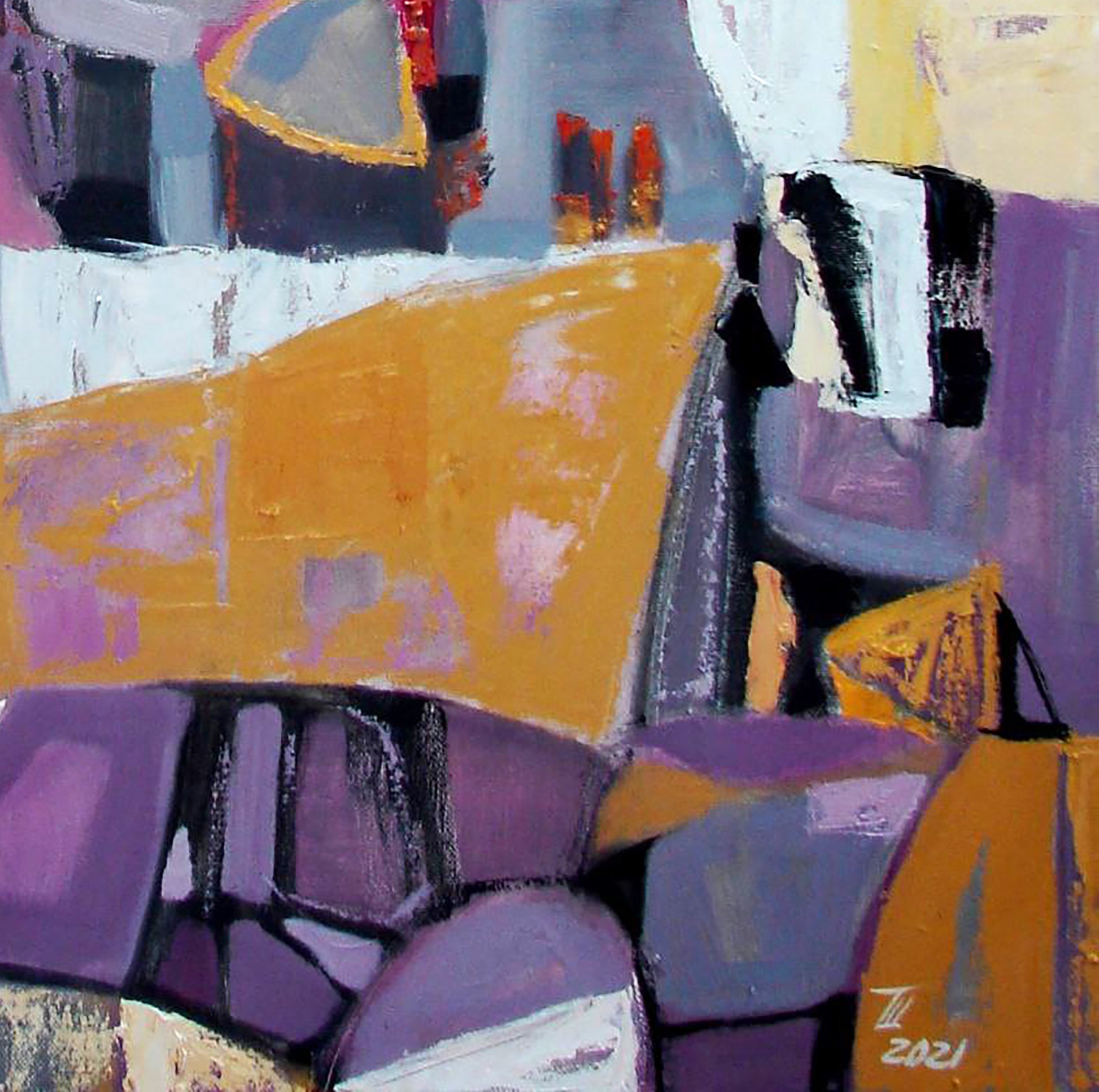 Oil painting Lilac geometry by Tatyana Shulyak with purple, orange, gray blocks