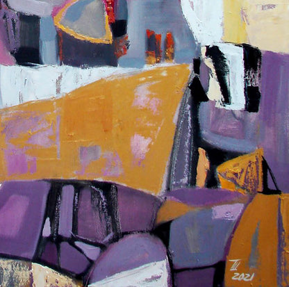 Oil painting Lilac geometry by Tatyana Shulyak with purple, orange, gray blocks