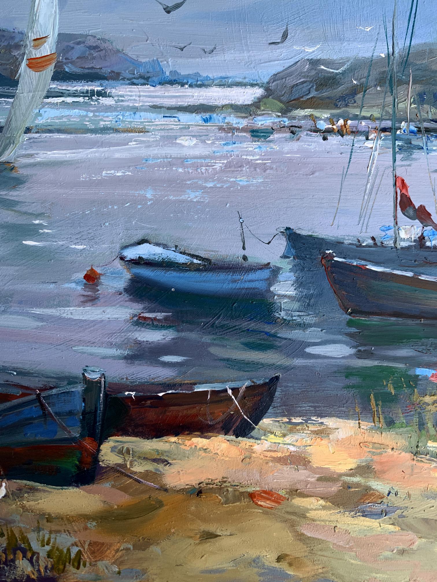 Impressionistic oil painting of blue and white sailboat with red flag by Yuriy Suprunchuk