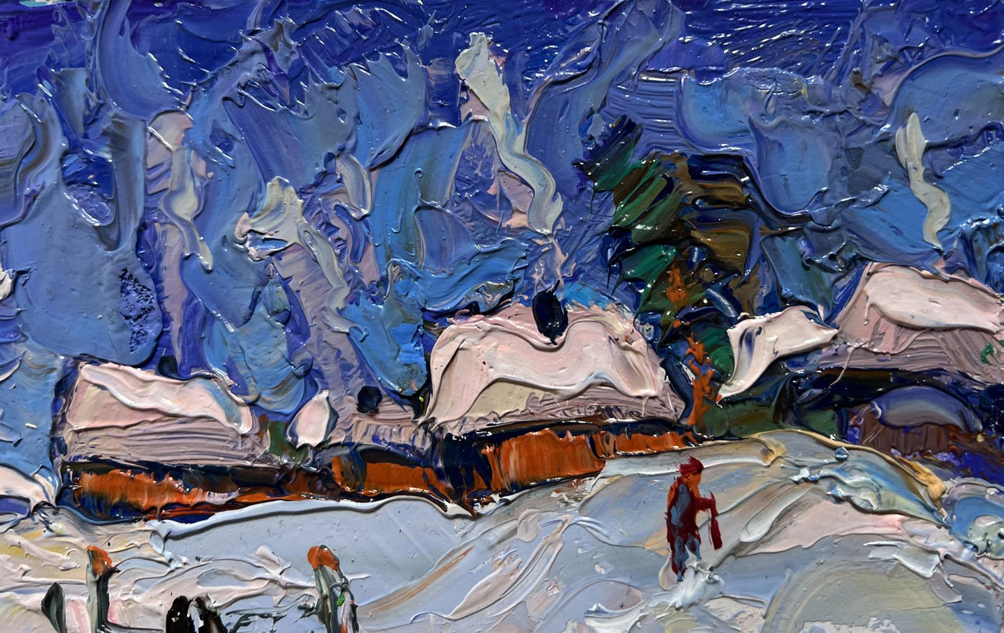 Oil painting of snowy village streets by Oksana Ivanyuk