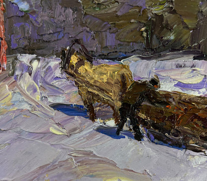 Oil painting of golden-brown animal on snowy winter road through quiet forests by Boris Serdyuk