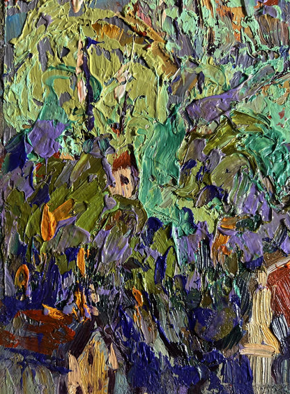 Oil painting City after the Rain by Oleksiy Ivanyuk, textured green purple orange