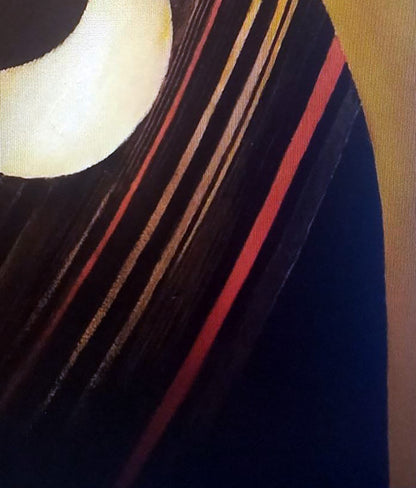Oil painting Backlit by Alexander Strashevich with bold diagonal black red gold stripes on navy background