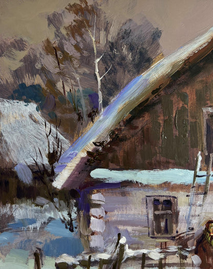 Oil painting by Yuriy Suprunchuk: rustic snowy village house