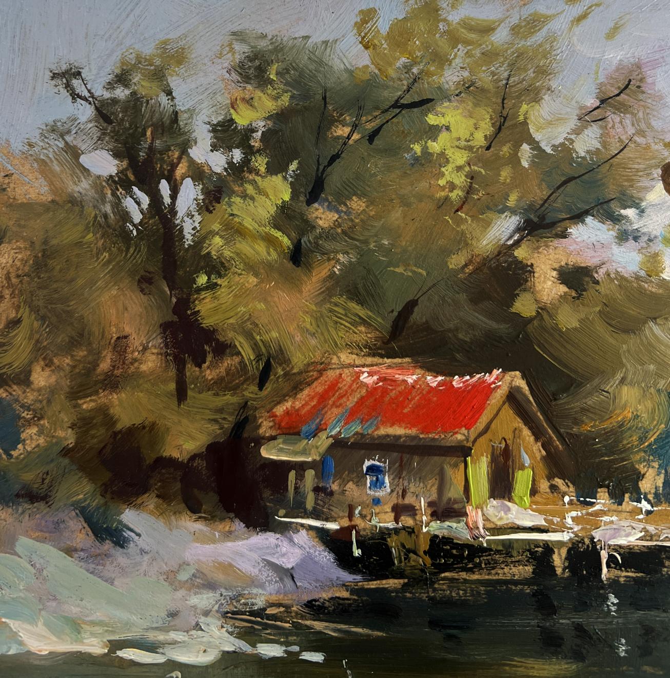 Oil painting of rustic red-roof cabin by water, Yuriy Suprunchuk yacht club