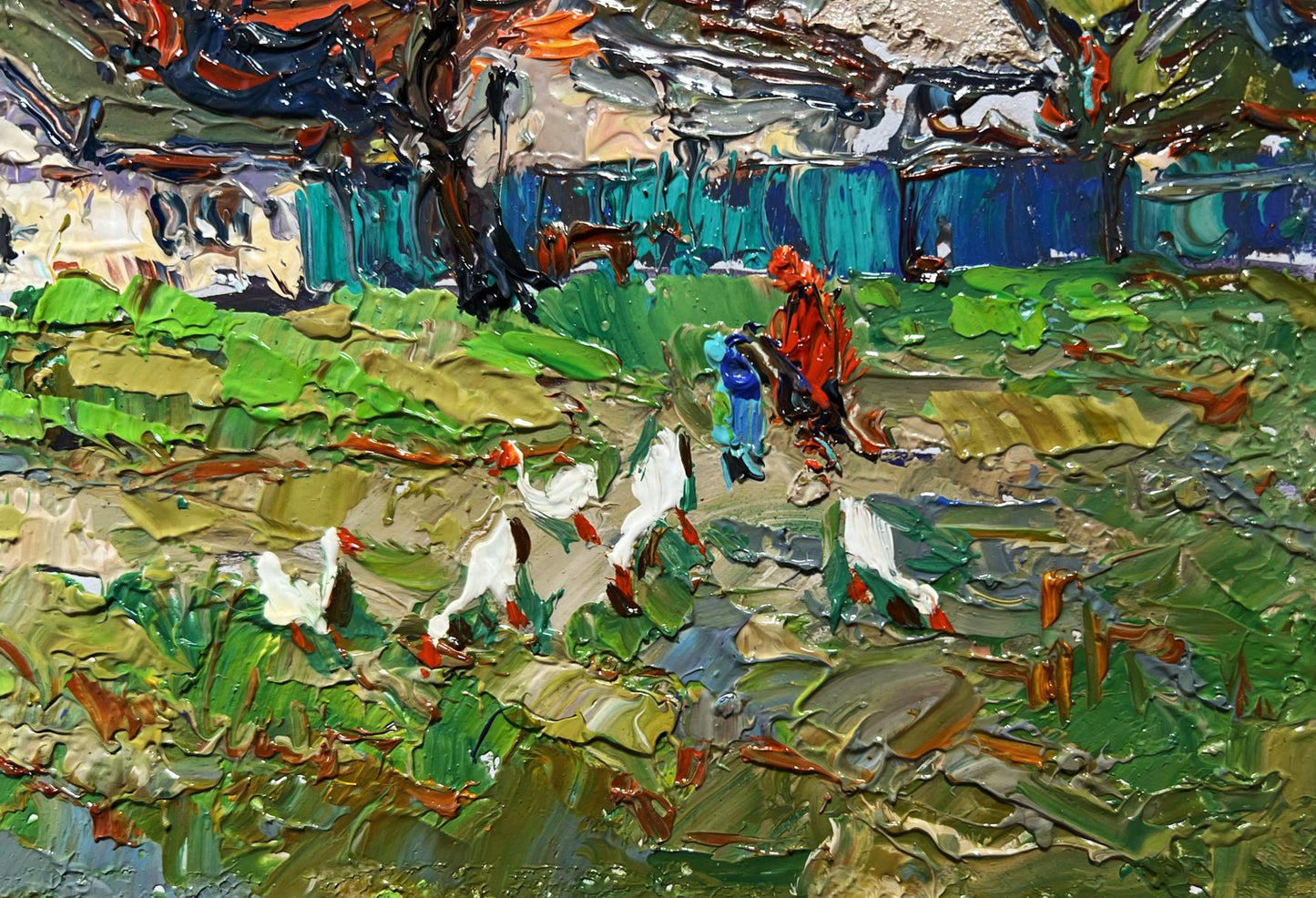 Vibrant impressionist oil painting of geese in lush fields by Oksana Ivanyuk