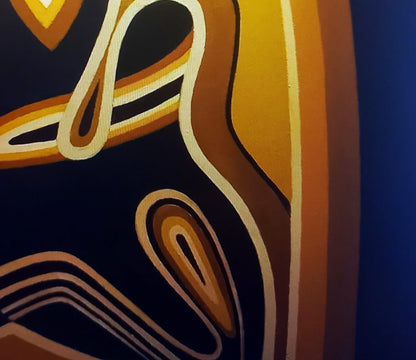 Oil painting Symbolism by Alexander Strashevich: gold cream black lines on blue