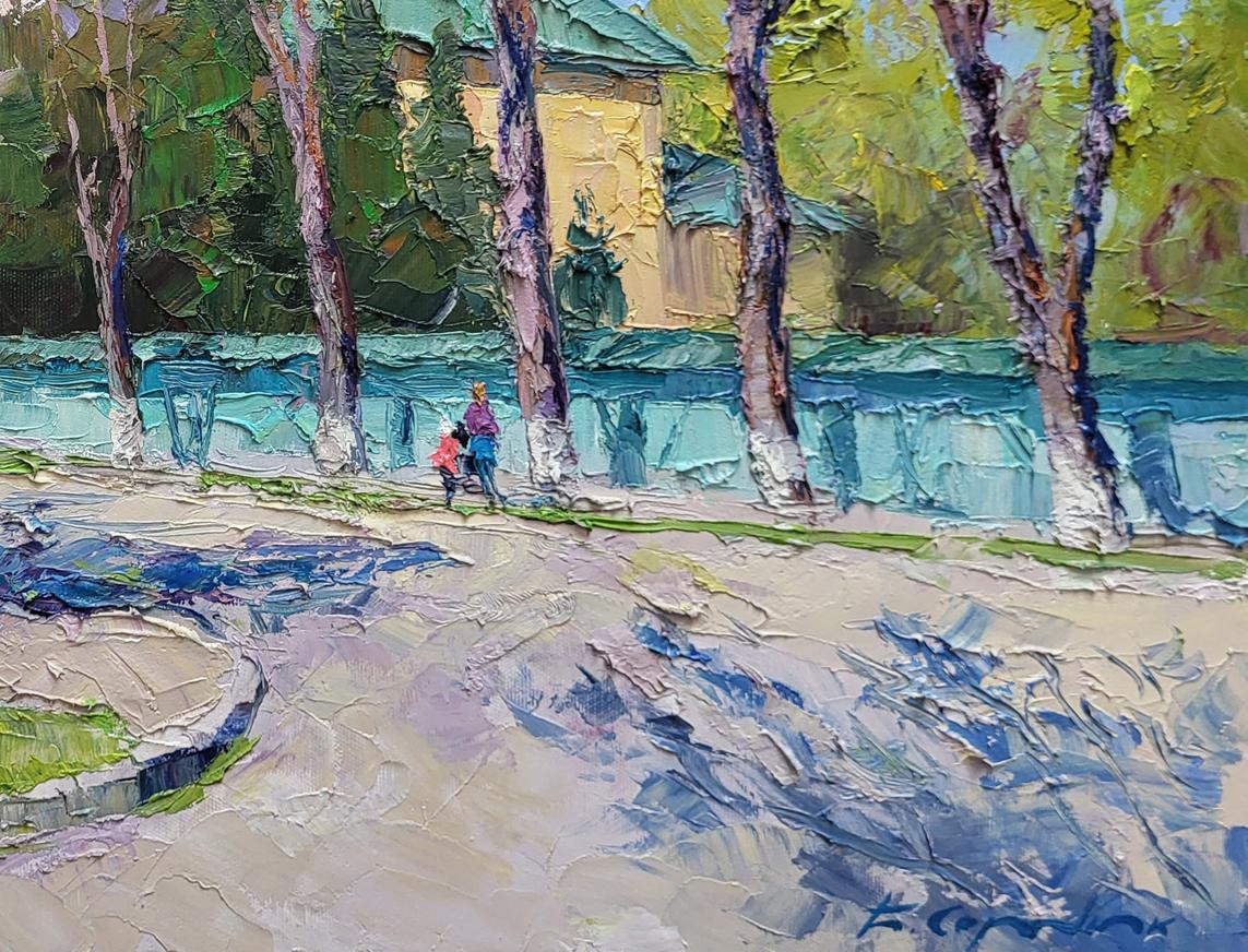 Vibrant impressionist oil painting of apricot blossom by Boris Serdyuk with trees and path