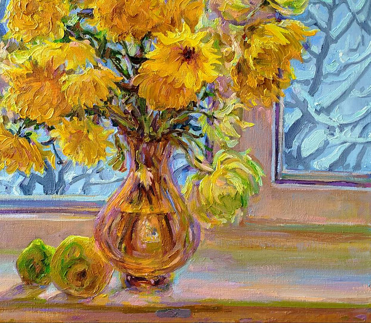 Oil painting of yellow chrysanthemums by Leonid Pavlenko in amber vase