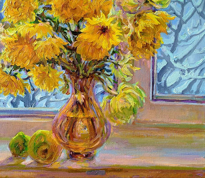 Oil painting of yellow chrysanthemums by Leonid Pavlenko in amber vase