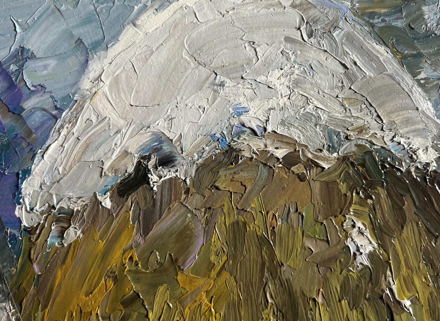 Oil painting Winter bustle in the yard by Boris Serdyuk, textured snowy mountain peak