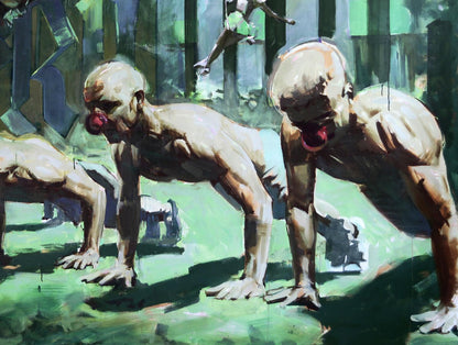 Oil painting by Ed Potapenkov of muscular bald figures in green landscape
