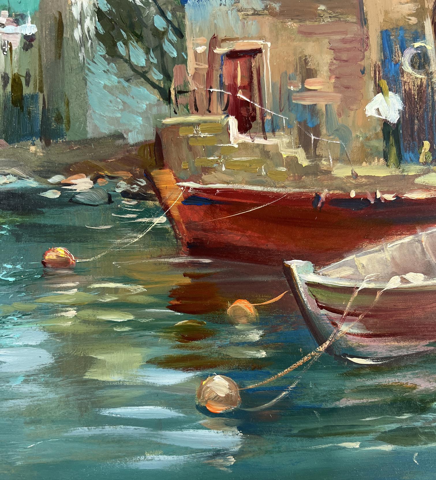 Oil painting of vibrant red boat at pier in evening colors by Yuriy Suprunchuk
