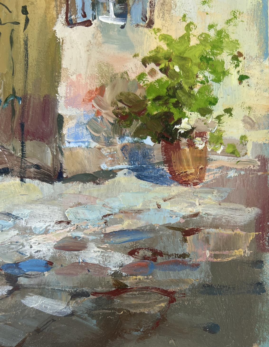 Oil painting Path to the house through the alley by Yuriy Suprunchuk with lush green potted plant