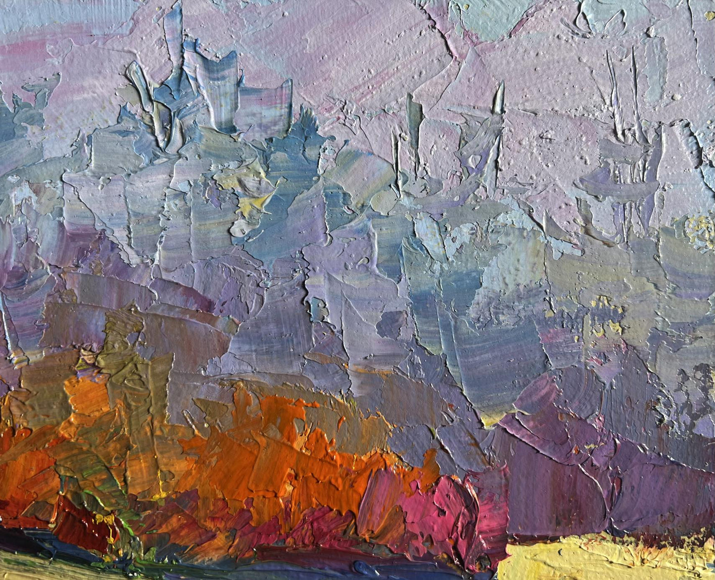 Oil painting Relaxing on a boat by Boris Serdyuk with impasto purples, blues, oranges