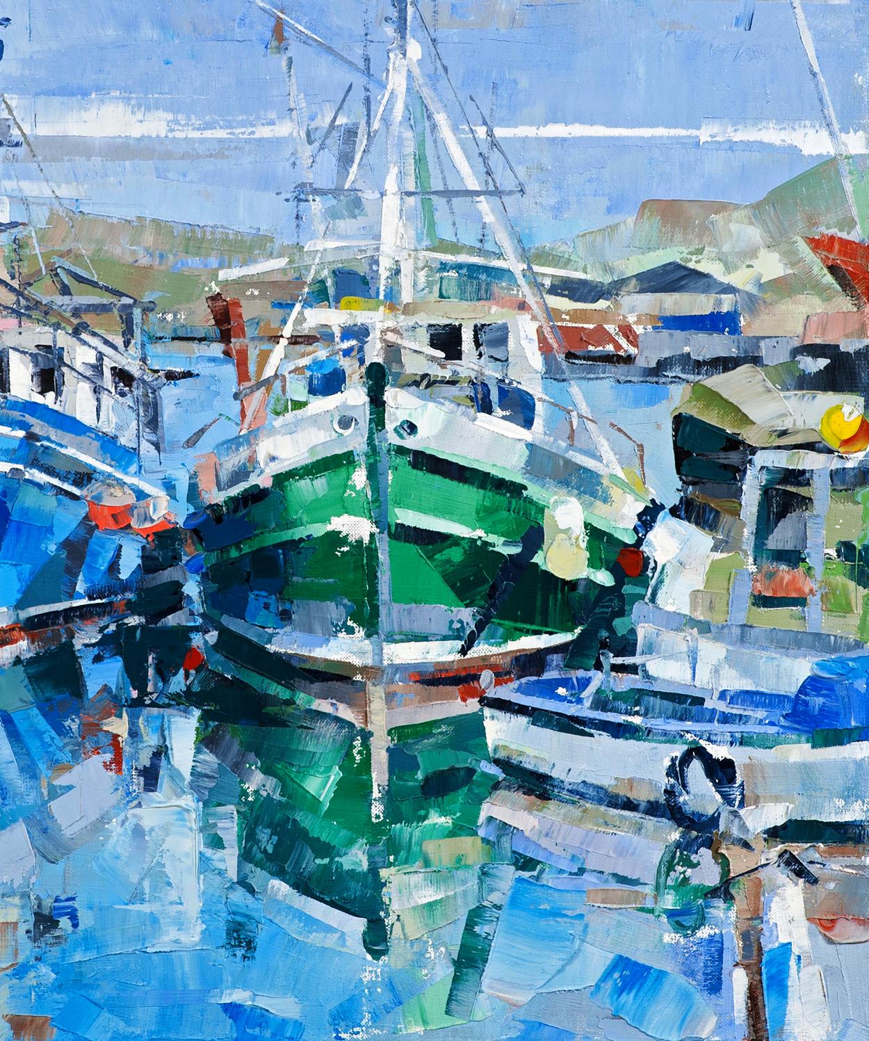 Oil painting Andalusia by Volodymyr Gluhomanyuk: vibrant green fishing boat in harbor