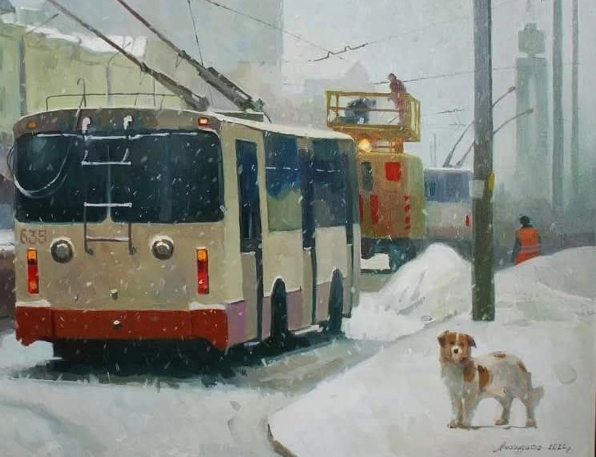 Oil painting of cream trolley bus with red panel by Anastasia Yaroshevich