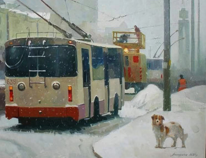 Oil painting of cream trolley bus with red panel by Anastasia Yaroshevich