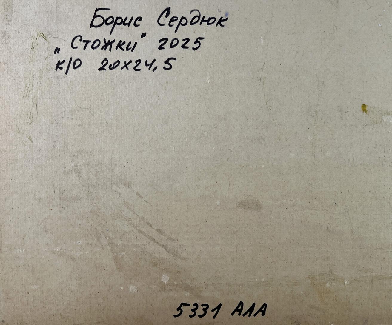 Back of Boris Serdyuk oil painting Haystack in the mountains, beige canvas with Cyrillic text