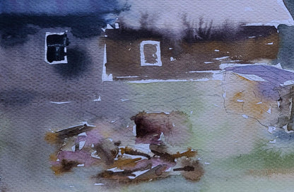 Watercolor painting of snowy rustic house by Boris Serdyuk