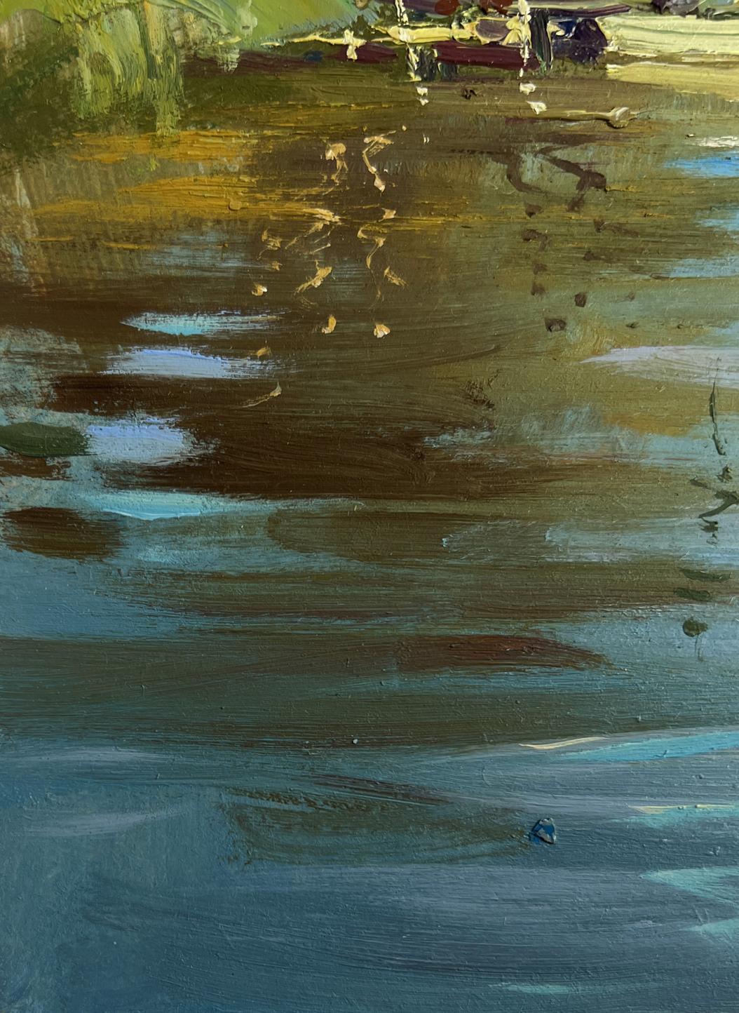 Oil painting of boat ride on river by Yuriy Suprunchuk, textured water reflections