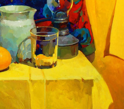 Oil painting of clear glass mug with dark liquid on yellow drapery by Anastasia Yaroshevich