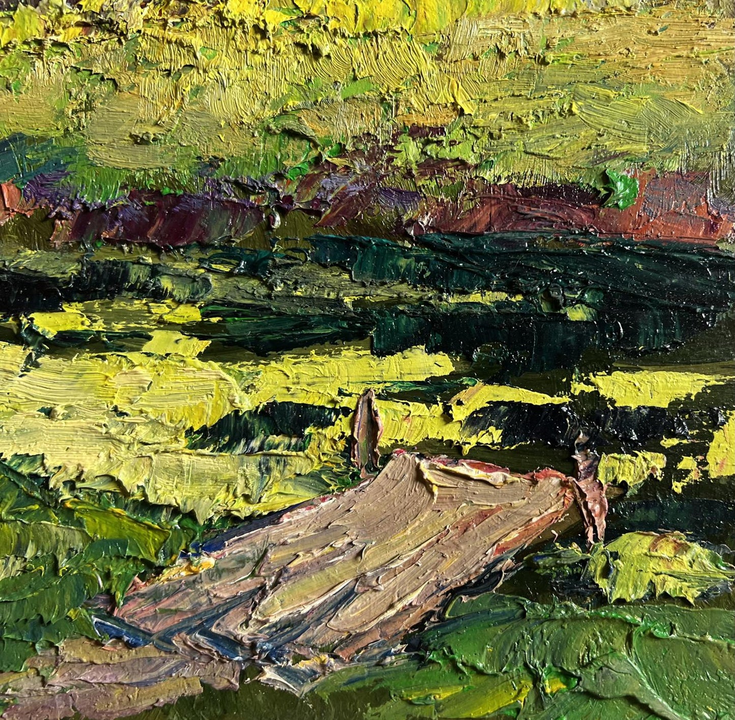 Oil painting Enjoying the Silence by Boris Serdyuk: rustic boat in green yellow strokes