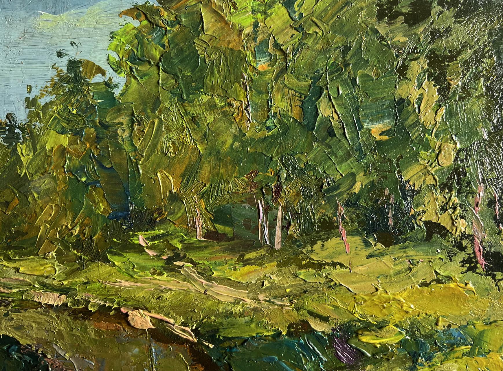 Textured oil painting of lush forest along the river by Boris Serdyuk