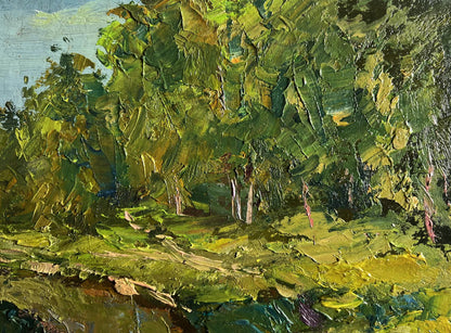 Textured oil painting of lush forest along the river by Boris Serdyuk