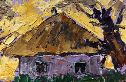Impressionistic oil painting of yellow sunset behind thatched houses by Oleksiy Ivanyuk