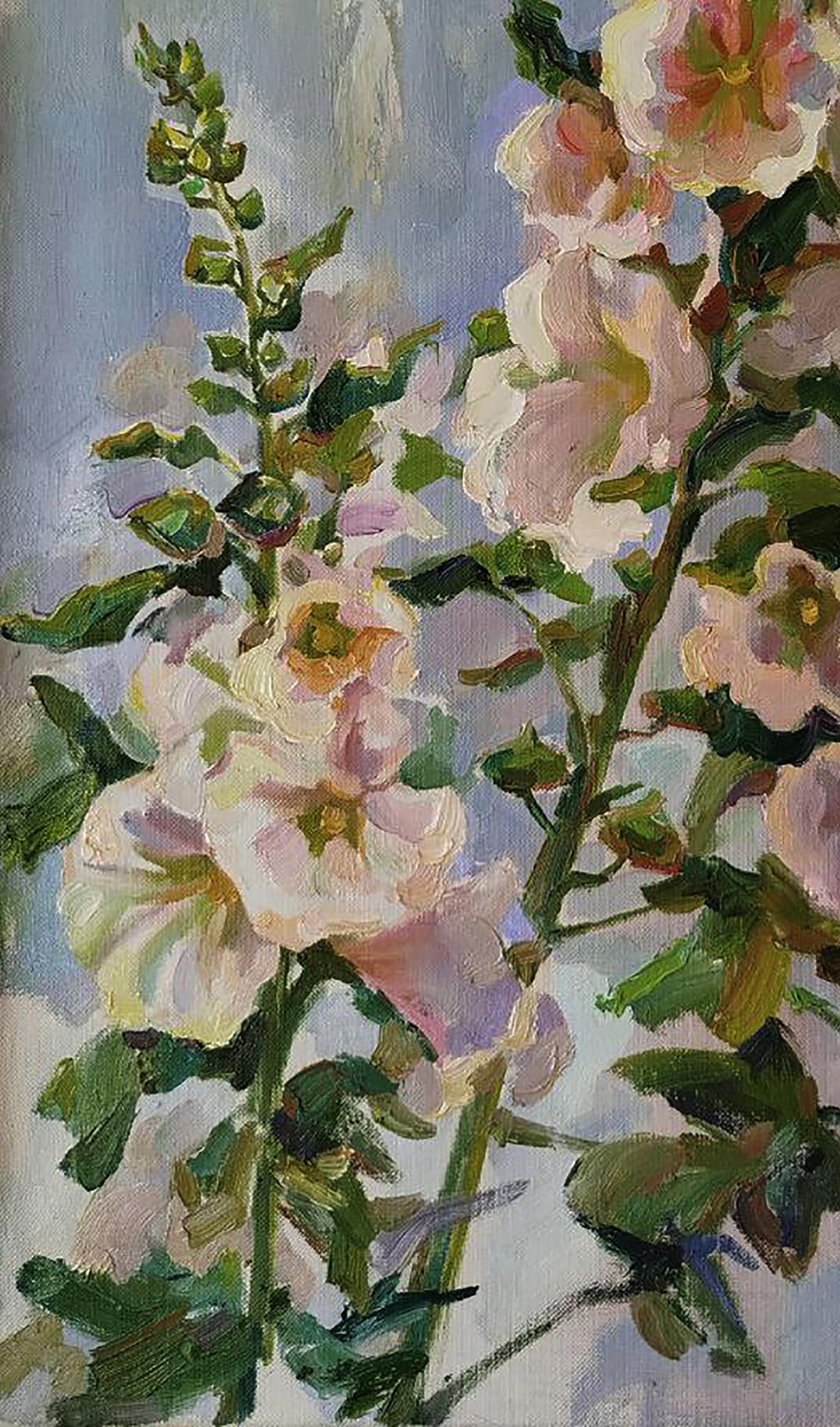 Oil painting Mallows by Leonid Pavlenko: pink hollyhock on blue background