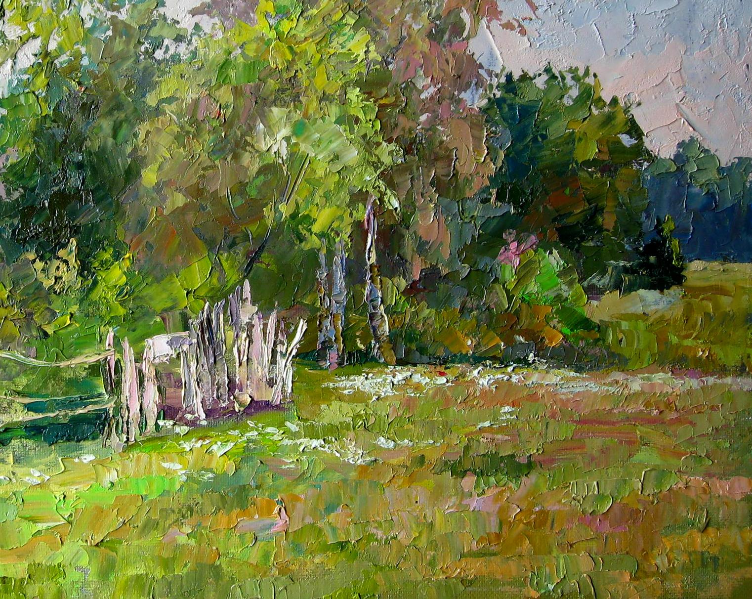 Impasto oil painting On the outskirts by Boris Serdyuk: green trees, fence, sky