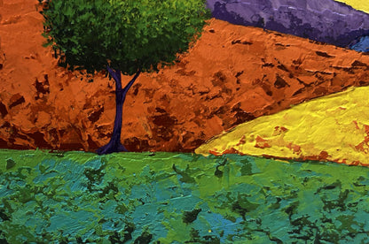 Oil painting of solitary tree on vibrant orange-yellow-purple flaming mountain peaks by V. Zadorozhnya