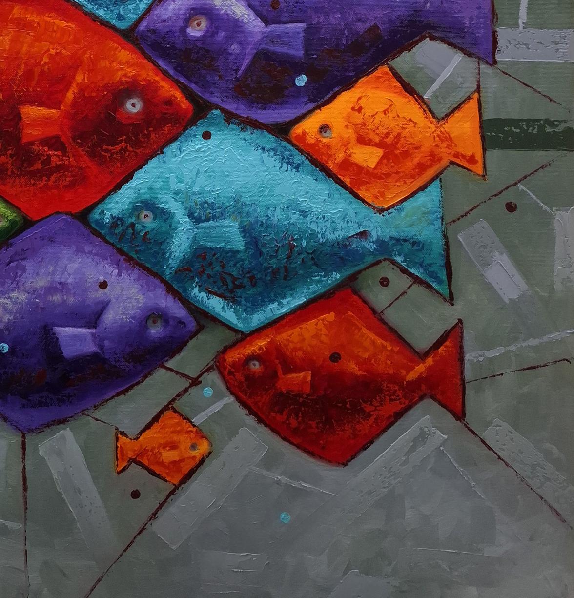 Vibrant abstract oil painting Eleven Brightly Colored Fish by Sergiy Voichenko