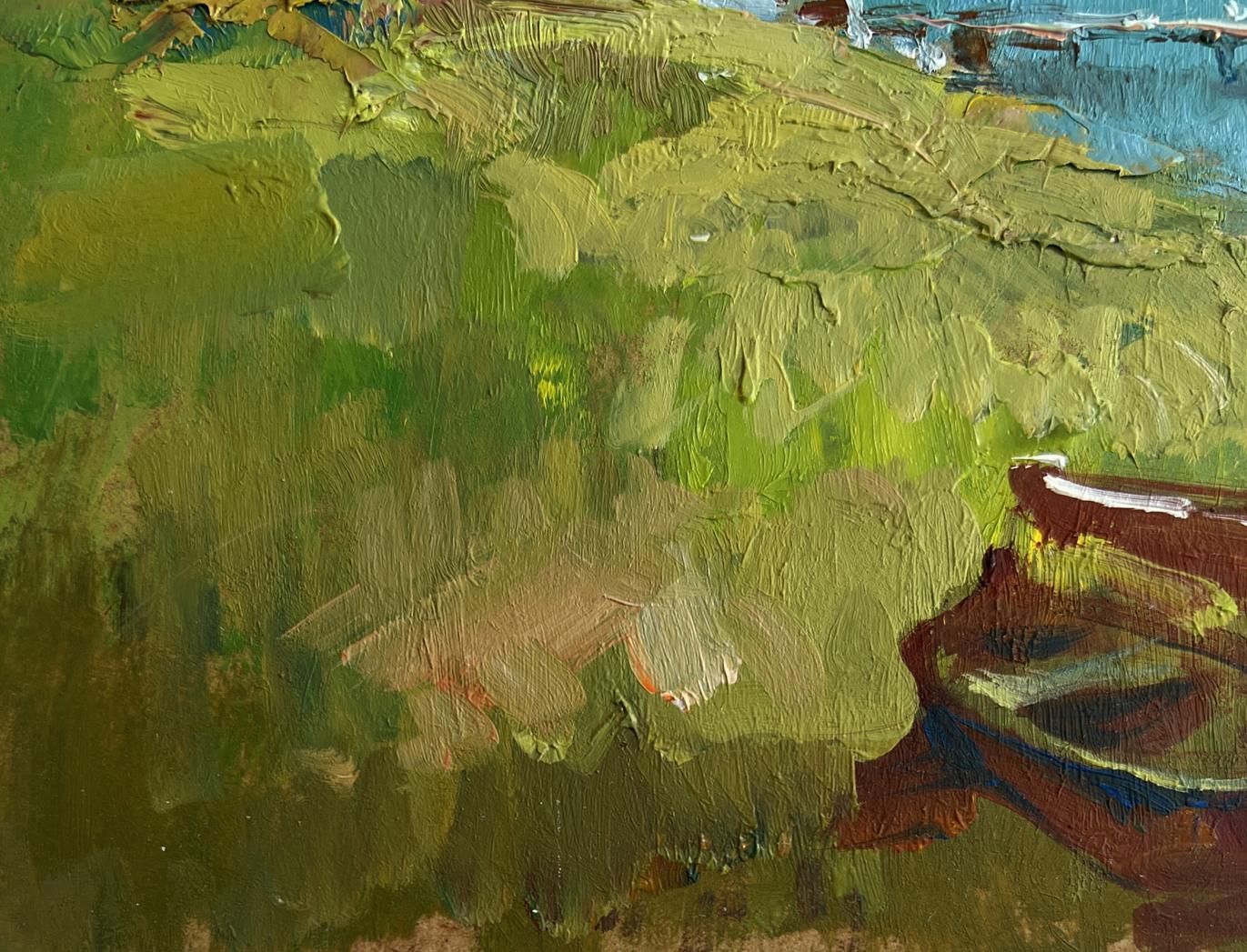 Oil painting of house near river by Yuriy Suprunchuk with green brown impasto