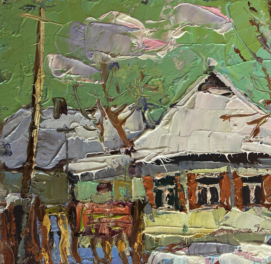 Impasto oil painting of Oksana Ivanyuks Saturday winter rustic house