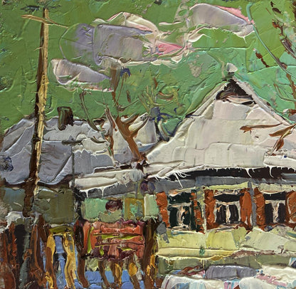 Impasto oil painting of Oksana Ivanyuks Saturday winter rustic house