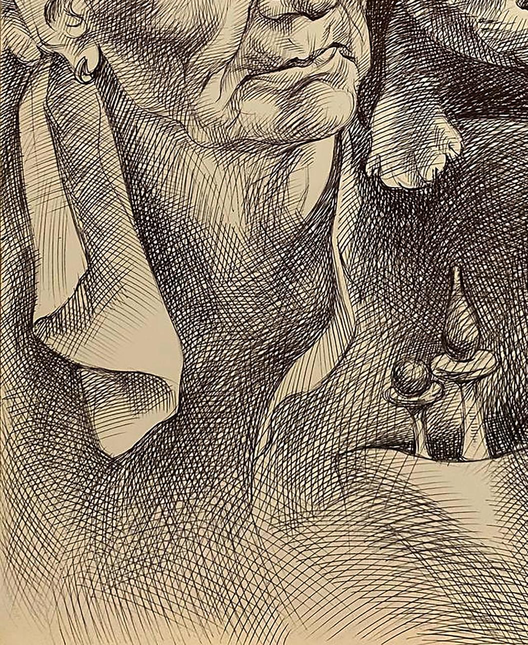Detailed black-and-white sketch of young chess player Natalia Bulat with wrinkled face
