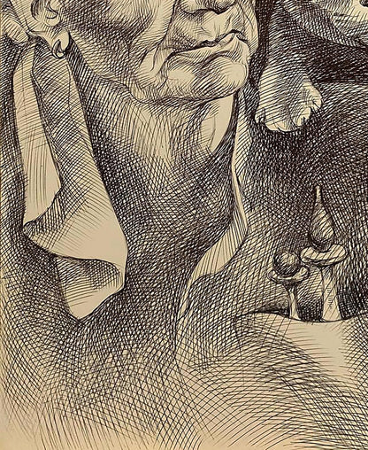 Detailed black-and-white sketch of young chess player Natalia Bulat with wrinkled face