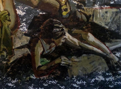 Oil painting Amazons Ed Potapenkov with bold earthy abstract brushstrokes
