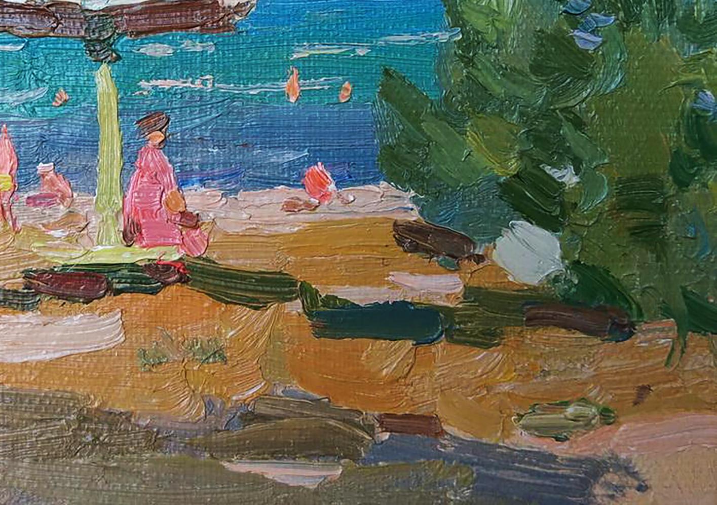 Vibrant impressionist oil painting by Yury Konovalov: beach with turquoise water, golden sand, green foliage