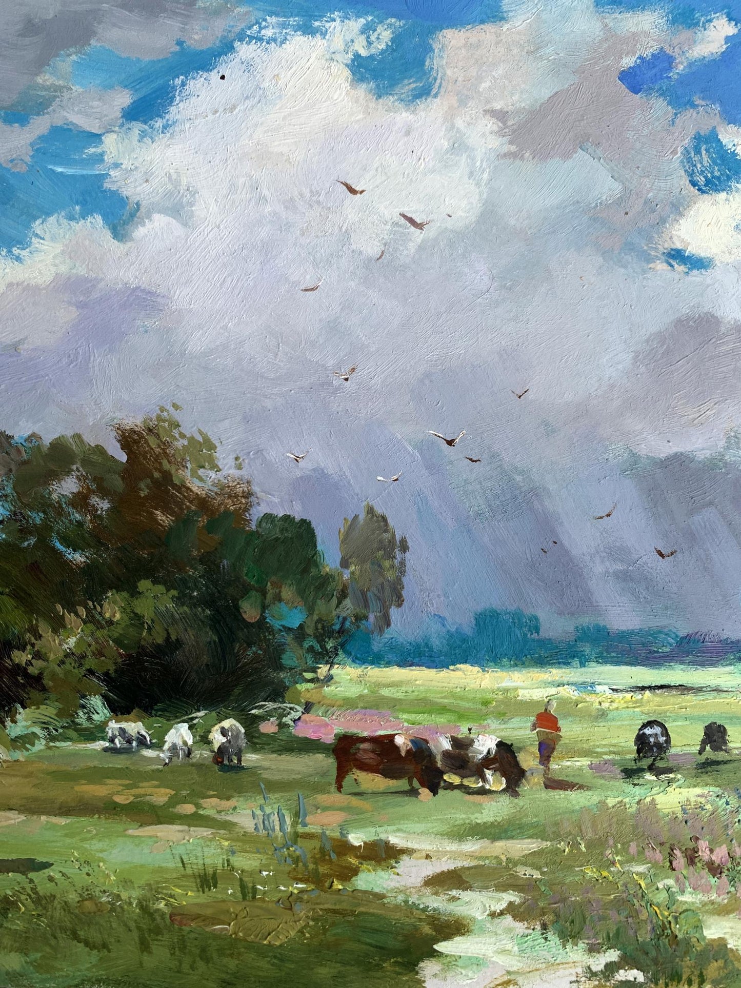 Serene pastoral oil painting by Yuriy Suprunchuk with cows, fields, birds, clouds