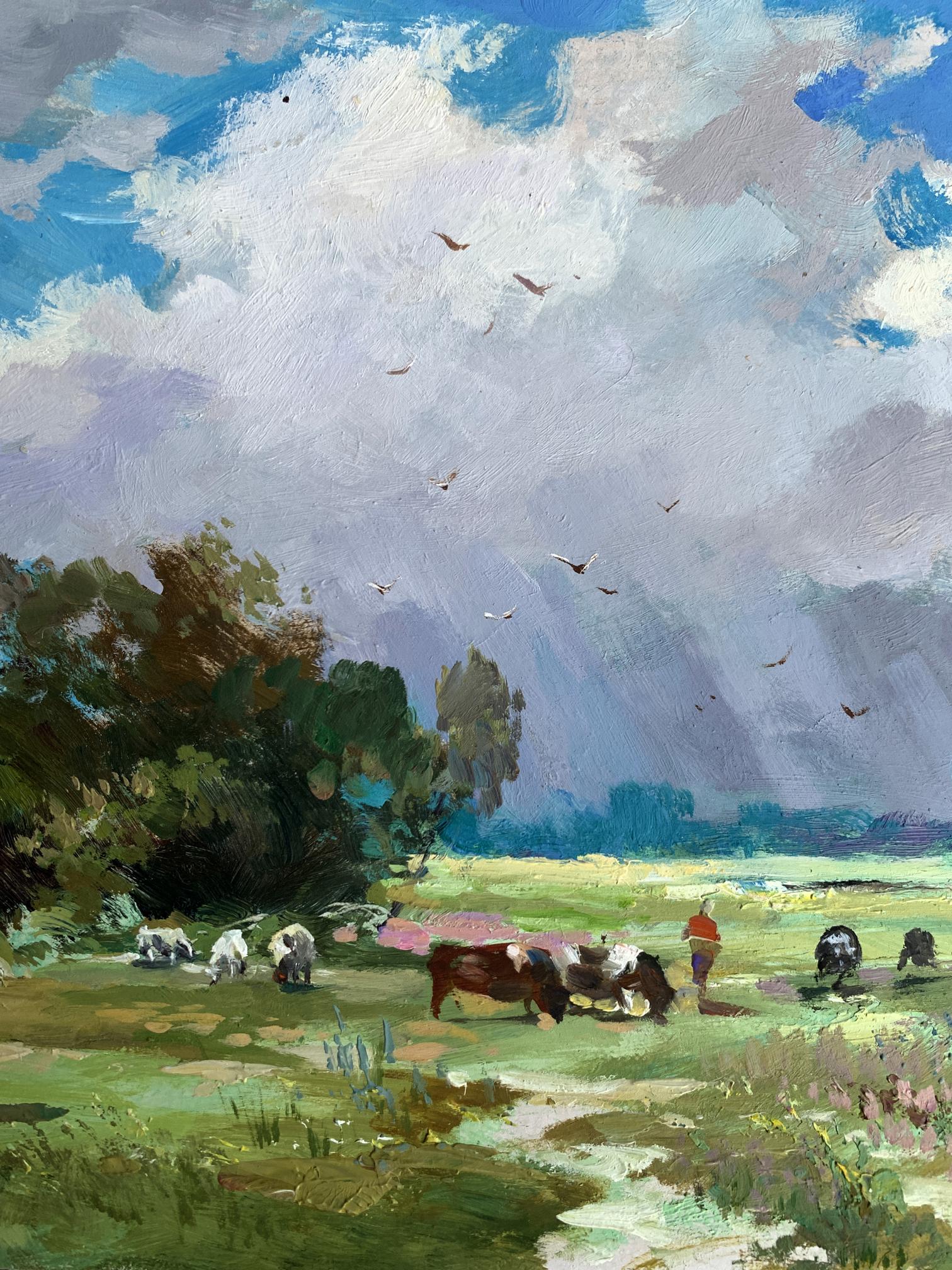 Serene pastoral oil painting by Yuriy Suprunchuk with cows, fields, birds, clouds