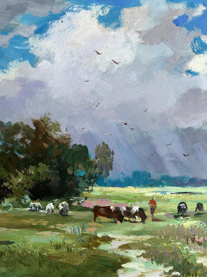 Serene pastoral oil painting by Yuriy Suprunchuk with cows, fields, birds, clouds