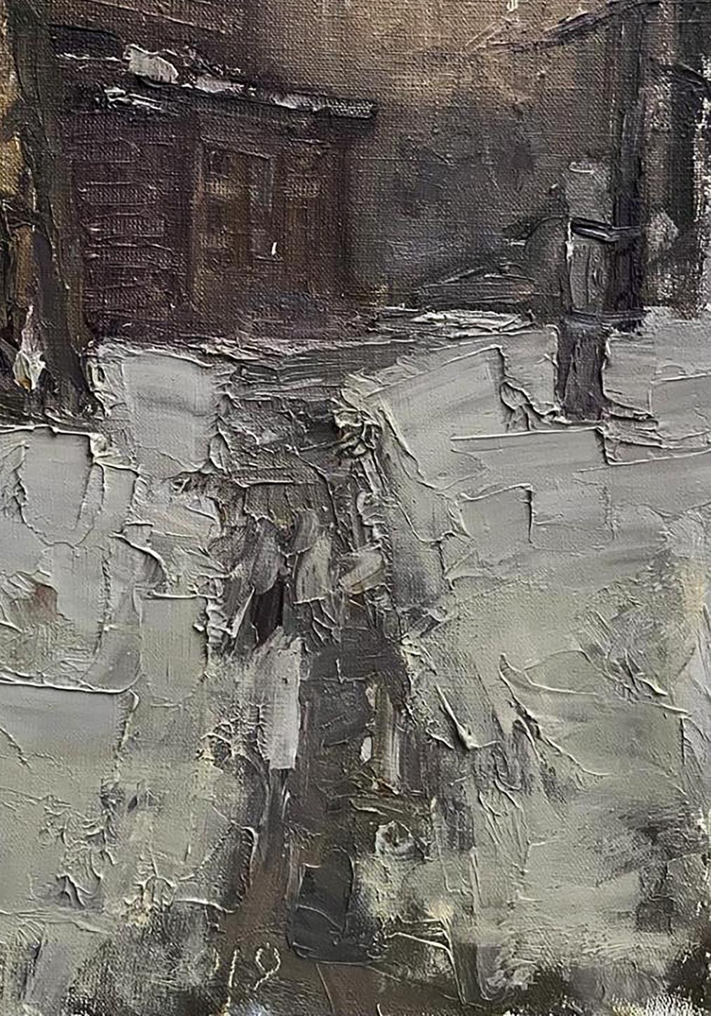 Textured oil painting Winter evening by Volodymyr Pashchenko, dimly lit alley