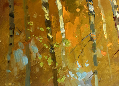 Autumn birch grove oil painting by Yuriy Suprunchuk with earthy vertical brushstrokes