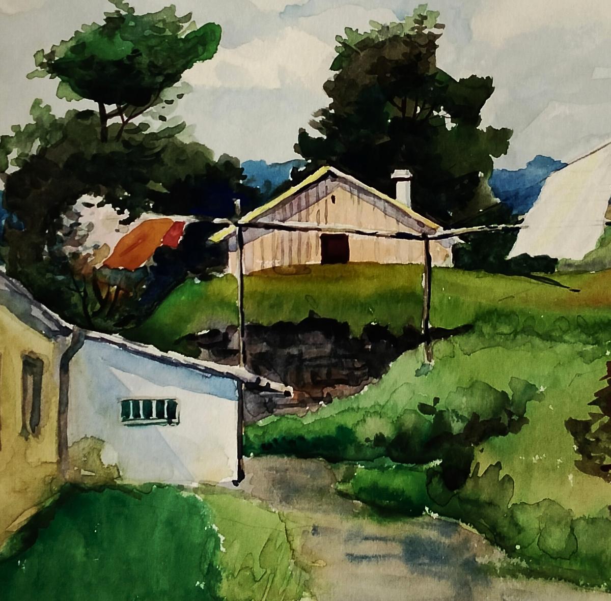 Watercolor painting of rustic barn by Vitaly Duhnevich among hills