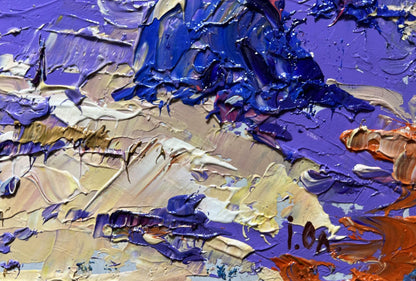 Oil painting Frosty Day by Oleksiy Ivanyuk with purple blue beige orange layers