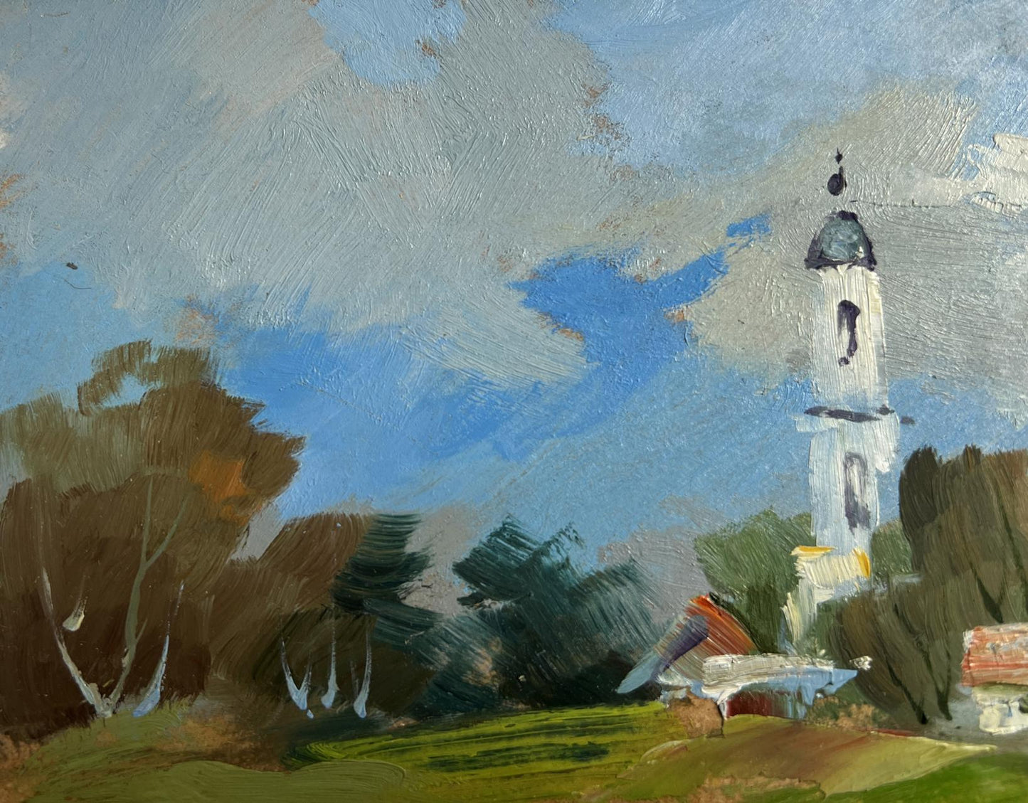 Impressionistic oil painting of Yuriy Suprunchuks village church tower with dark dome